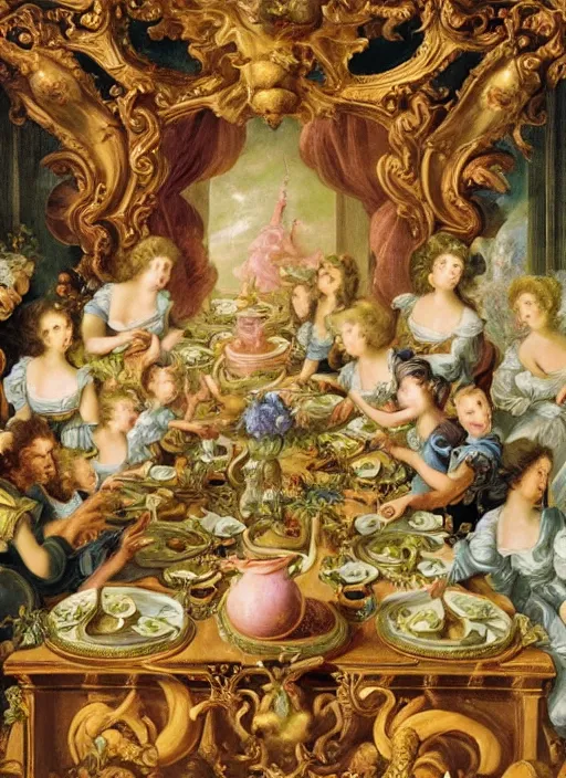 Image similar to a rococo painting of aliens eating at a banquet, dramatic painting, symmetrical composition, ornate, high detail, blooming, lights, flowers,