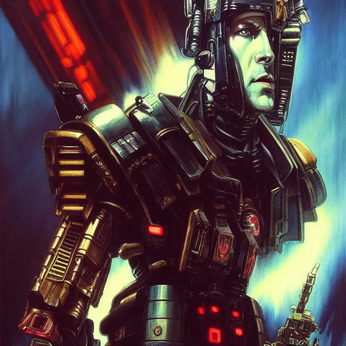 Image similar to excellent painted portrait of a replicant space marine from blade runner (1982), cyberpunk blade runner art, character artwork, 8k resolution artwork, trending on artstation, detailed oil painting portrait, art by artgerm and greg rutkowski and alphonse mucha and craig mullins and James Jean and Andrei Riabovitchev and Marc Simonetti and peter mohrbacher, matte painting