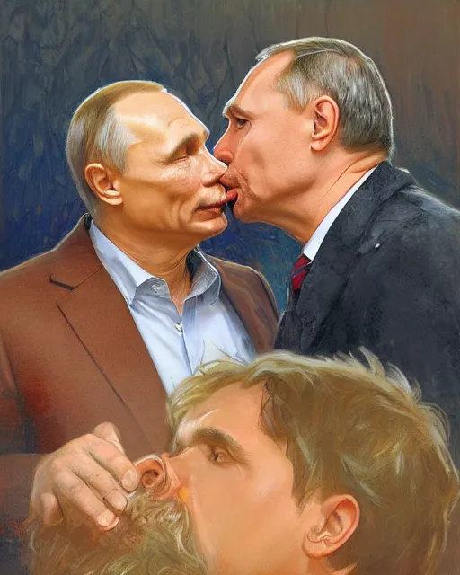 Prompt: photorealistic picture of Putin and Viktor orban kissing by Mandy Jurgens and Richard Schmid and chuck close and mucha