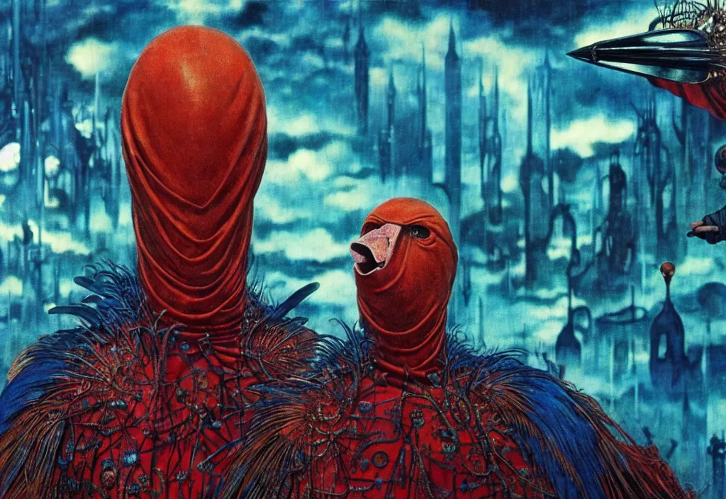 Image similar to realistic detailed portrait movie still of a birdman wearing dark robes, sci fi city landscape background by denis villeneuve, amano, yves tanguy, alphonse mucha, ernst haeckel, max ernst, roger dean, david lynch, masterpiece, rich moody colours, blue eyes, snarling dog teeth