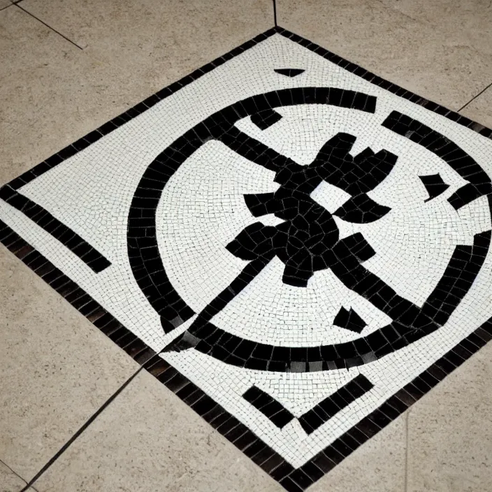 Prompt: isometric punisher symbol in the form of a detailed intricate tile floor mosaic in the form of punisher symbol in spotlight