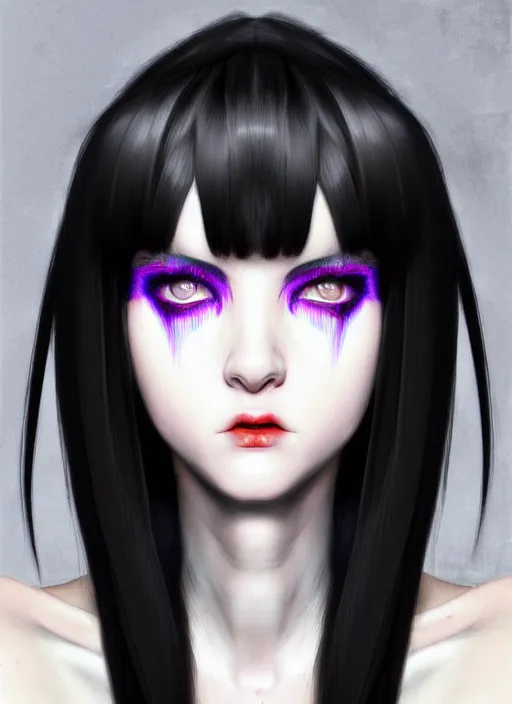 Image similar to whitebangs, black hair, black cyberlox, portrait of white teenage girl, normal face, white bangs, fluffy bangs, cyberlox, whitebangs, red contact lenses, purple background, intricate, elegant, highly detailed, digital painting, artstation, concept art, sharp focus, smooth, illustration, art by wlop, mars ravelo and greg rutkowski