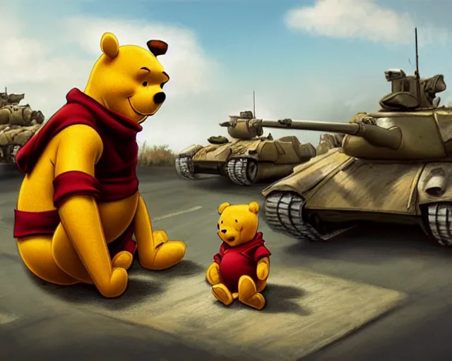 Prompt: defiant winnie the pooh sitting down on road blocking chinese tanks, soldiers approaching, award winning photography, extremely detailed, artstation, 8 k, dramatic lighting, incredible art, wlop, artgerm