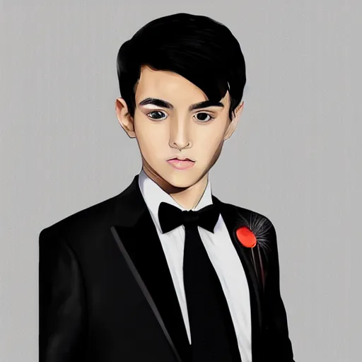 Image similar to 1 6 year old black suit white shirt, black bowtie, black haired royal garment man, determined, fearless, sharp looking portrait, digital art