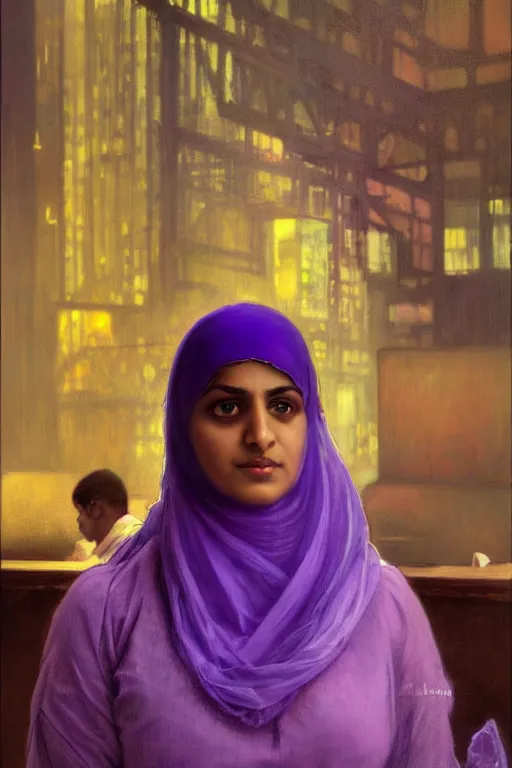 Image similar to hyperrealist portrait of a young hyderabadi muslim american woman wearing a purple niqab, it is decorated with long wires and computer monitors are all over their body within the cyberpunk office background. by jeremy mann and alphonse mucha, fantasy art, photo realistic, dynamic lighting, artstation, poster, volumetric lighting, very detailed faces, 8 k, award winning