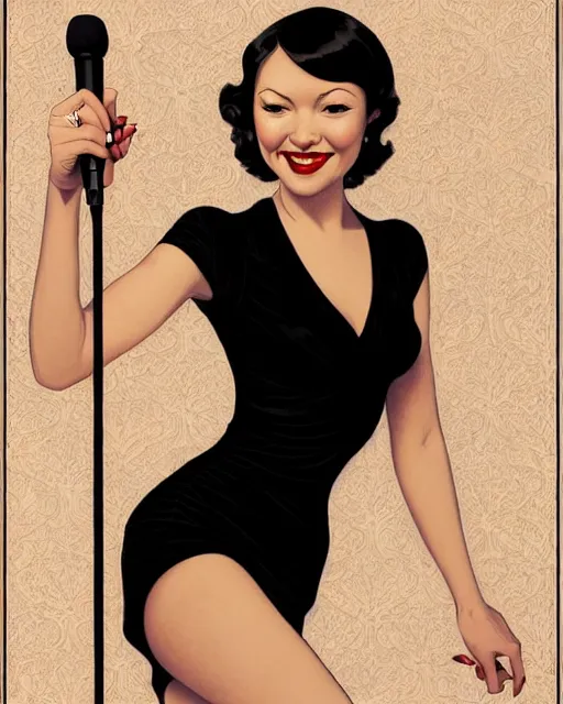 Prompt: realistic, intricately detailed full - body pinup of beautiful woman journalist alex wagner in a short, tight black dress, black bob hairstyle, epicanthic folds, sultry, flirty pose, holding a 1 9 4 0 s microphone, and mischievous smile, by wlop, mucha, rutkowski, vargas. manara, wlop, serpieri