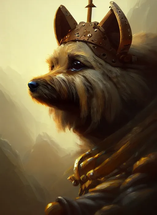 Image similar to norwich terrier as an viking, backround dark, highly detailed, digital illustration, trending in artstation, modern painting, smooth, sharp focus, intricate, by peter mohrbacher