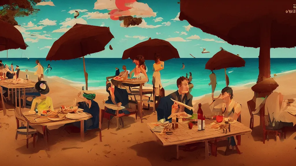 Prompt: A beach lunch, in the style of David Lynch, by Wes Anderson, concept art, artstation