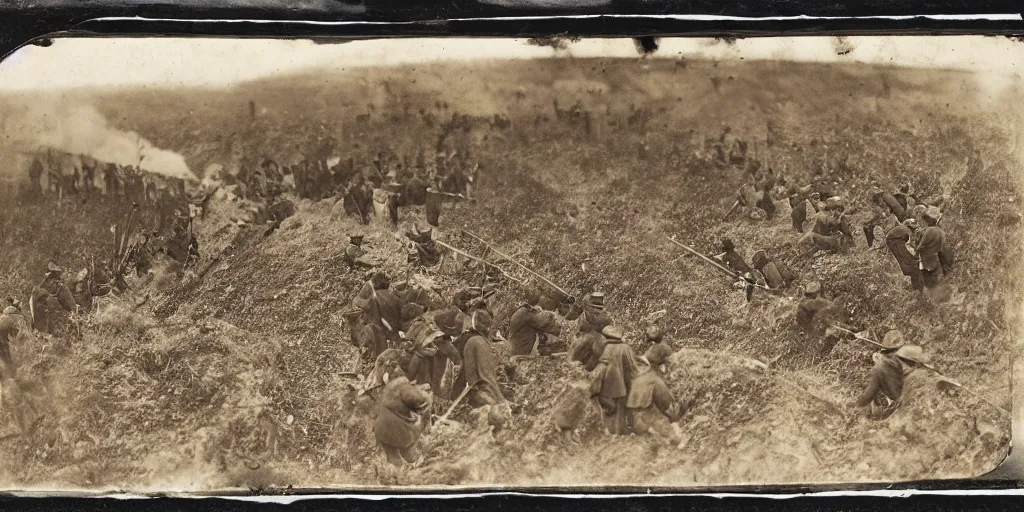 Prompt: american civil war trench battle, shots fired, gatling gun, puffs of smoke, many visible trenches, aerial view, 1865 tintype photograph