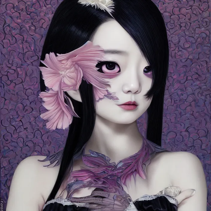 Image similar to elegant korean goth girl, latex, lolita fashion, beautiful, oil painting, sfumato, hyperrealistic, detailed, very smooth, brushwork, sharp focus, mood lighting, concept art, by junji ito, by takashi murakami, by alex grey