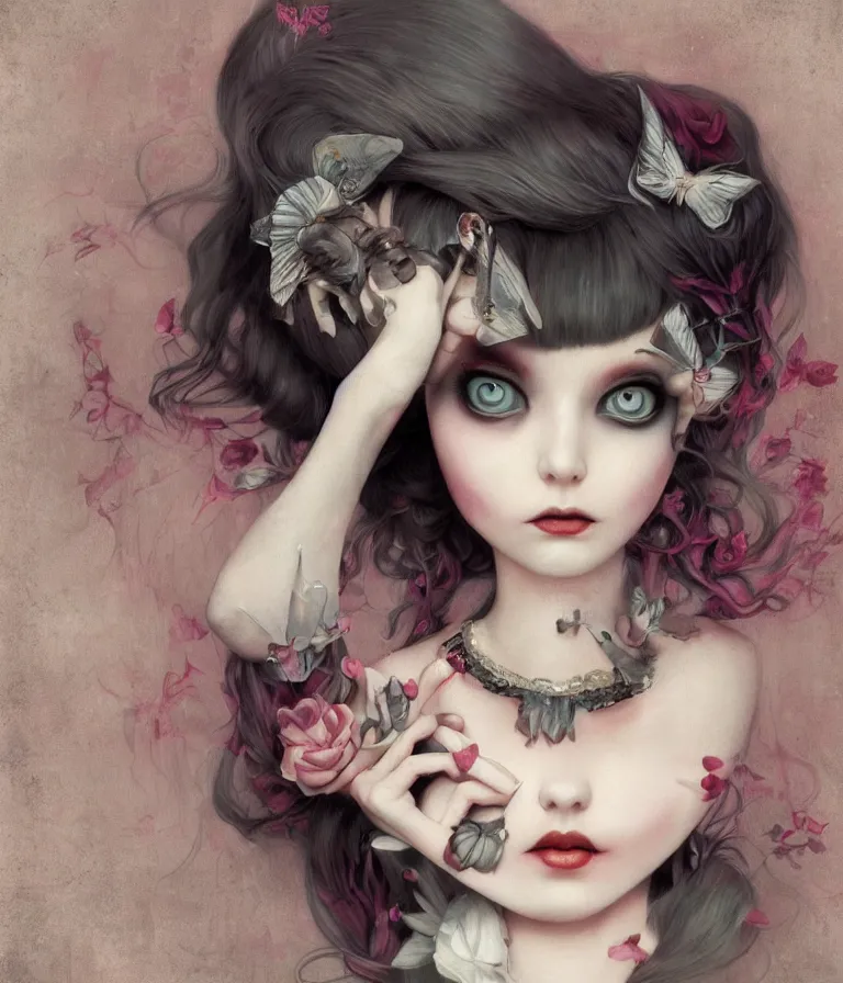 Image similar to pop surrealism, lowbrow art, realistic alone cute alice girl painting, japanese street fashion, hyper realism, muted colours, rococo, natalie shau, loreta lux, tom bagshaw, mark ryden, trevor brown style