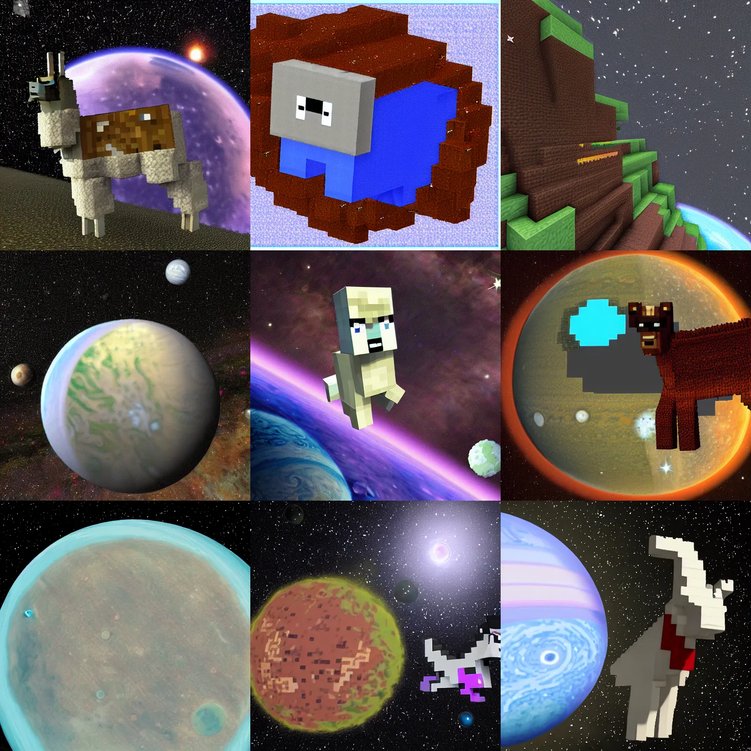 Prompt: llama from minecraft floating in space near Jupiter