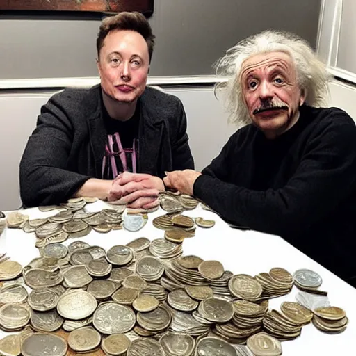 Prompt: photo of elon musk and albert einstein sitting next to each other at a table with a pile of coins