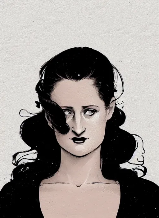 Image similar to highly detailed closeup portrait of beautiful grace gummer as dom dipierro, wavy ginger hair, black dress, by atey ghailan, by greg rutkowski, by greg tocchini, by james gilleard, by joe fenton, by kaethe butcher, gradient orange, black and white color scheme, grunge aesthetic!!! ( ( graffiti tag wall background ) )