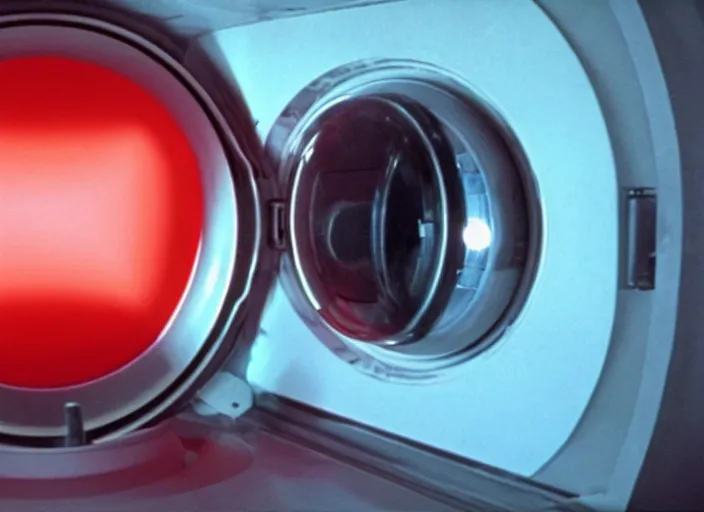 Image similar to film still of HAL from 2001 A Space Odyssey as a washing machine with a glowing red light inside it