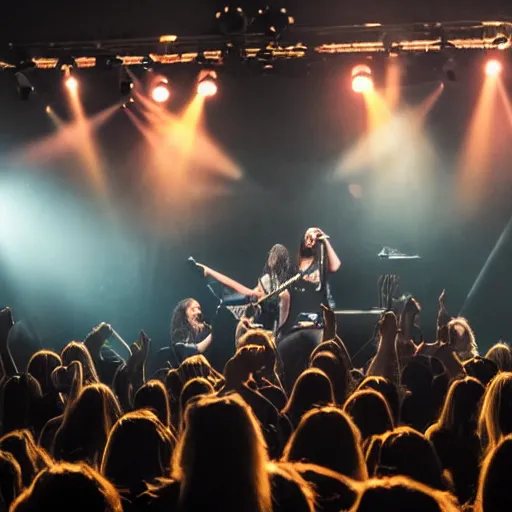 Image similar to a heavy metal band on stage at a concert, very small room with no crowd, center angle, close shot from back of room, professional photograph