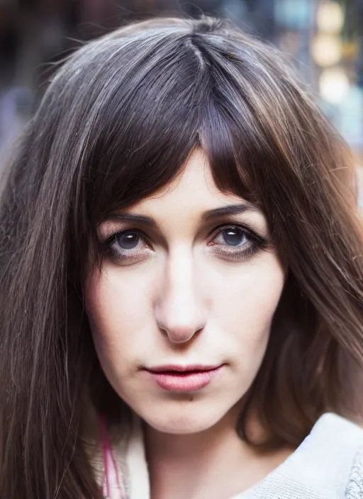 Image similar to color Close-up portrait of a beautiful, stylish, 30-year-old French woman street background, with long, straight hair, street portrait in the style of Mario Testino award winning, Sony a7R