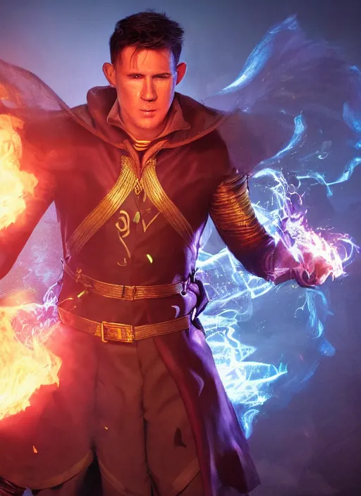 Prompt: A fantasy comic book style portrait painting of a Channing Tatum as a male elf wizard casting a fire spell, unreal 5, DAZ, hyperrealistic, octane render, RPG portrait, ambient light, dynamic lighting