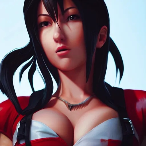 Image similar to A comic book style portrait painting of a Tifa Lockheart in a winter landscape, unreal 5, DAZ, hyperrealistic, octane render, RPG portrait, ambient light, dynamic lighting