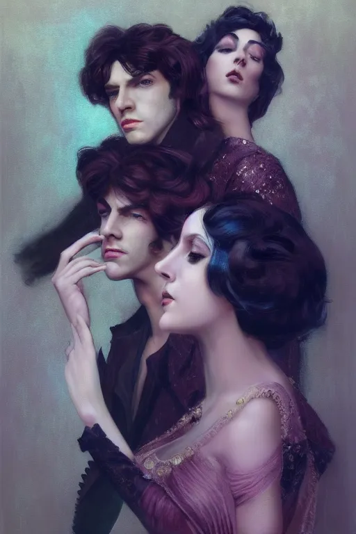 Image similar to a portrait of handsome young male 1960s glam rock star and his elegant beautiful glam witch wife, bored, illustration, dramatic lighting, soft details, painting oil on canvas, art nouveau, octane render, HDR, 4k, 8k, HD, by Edmund Blair Leighton, Brom, Charlie Bowater, trending on artstation, faces by Tom Bagshaw, Sargent