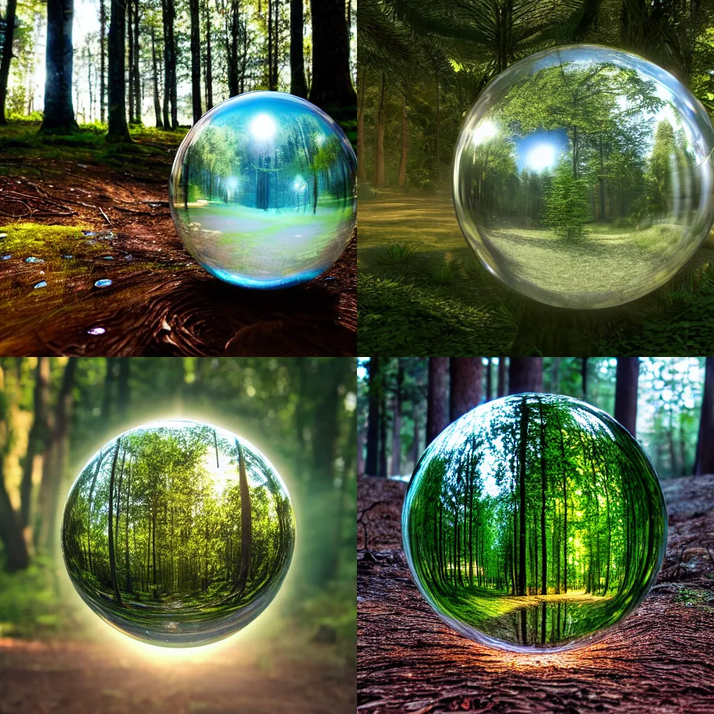 Prompt: A glass ball in a forest with path-traced reflections, ray tracing, 3d render, 4k, realistic