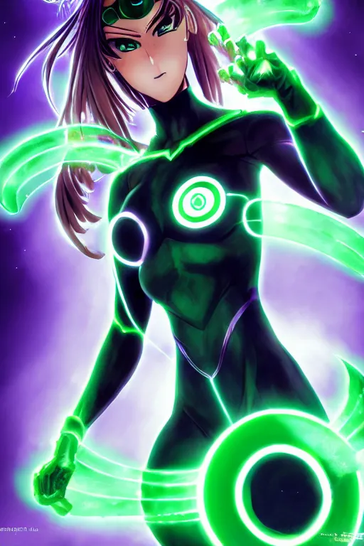 Image similar to anime key visual of a beautiful female green lantern, intricate, glowing accents, powers, glowing ring, speed, goddess, dc comics, cinematic, stunning, highly detailed, digital painting, artstation, smooth, hard focus, illustration, character concepts by senior concept artist