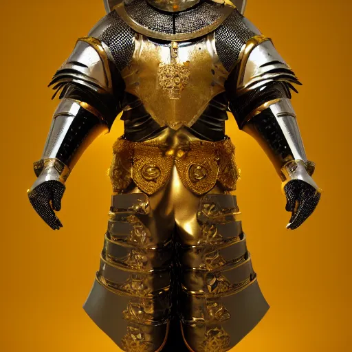 Image similar to a highly detailed full-length knight in a golden helmet and crown with a diamond in the center, golden armor, leather clothes under the armor, leather gloves, king artstation, DeviantArt, professional, octane render, epic, blender