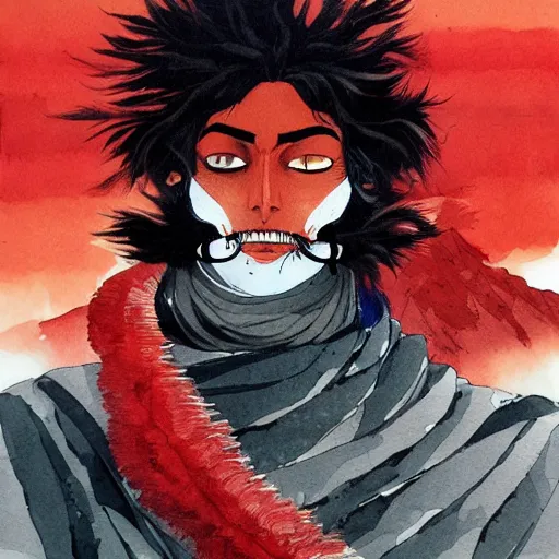 Prompt: painting of a lonesome warrior at the peak of himalayas, style of conrad roset and kentaro miura