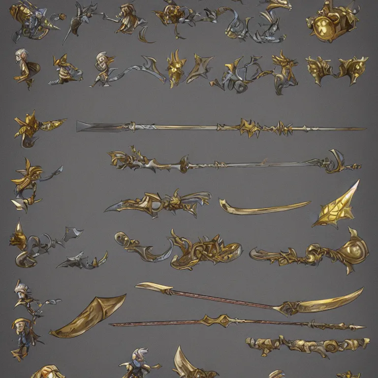 Prompt: 2 d greatsword, pixie inspired, game design asset pack, game assets, highly detailed, high fantasy, mmorpg, dnd, many angles