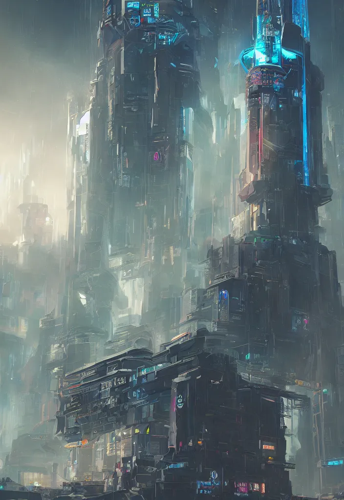 Prompt: a tarot card of the tower, cyberpunk themed art, concept art