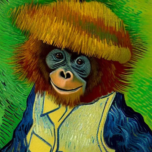 Image similar to a van gogh painting of a baby orangutan wearing a top hat, 4 k, hyper realistic, dslr, landscape, high resolution