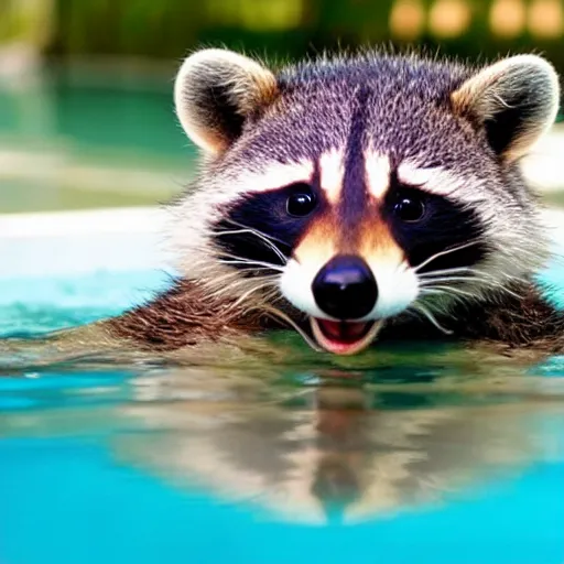 Prompt: a cute photo of a raccoon swimming in a pool, the raccoon is wearing a pink flamingo shaped floaty