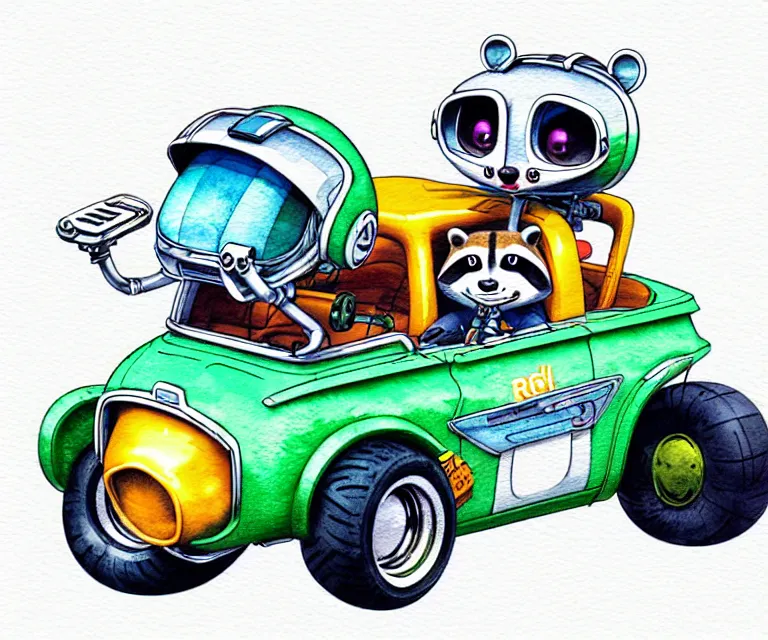 Image similar to cute and funny, racoon wearing a helmet riding in a tiny hot rod with oversized engine, ratfink style by ed roth, centered award winning watercolor pen illustration, isometric illustration by chihiro iwasaki, edited by range murata, tiny details by artgerm and beeple, symmetrically isometrically centered