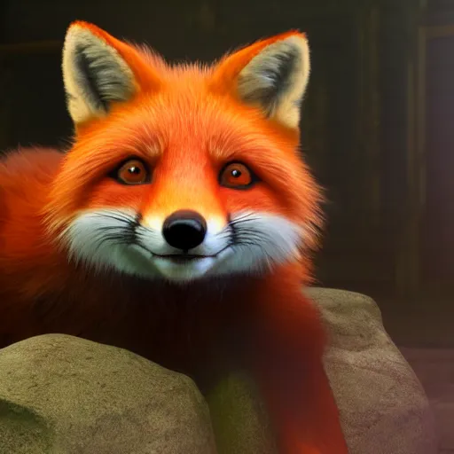 Image similar to portrait of the cutest red fox ever, fluffy, photorealistic, soft lighting, unreal engine