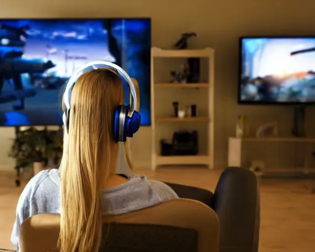 Image similar to view from behind of a cute beautiful blonde woman wearing headset playing game, holding controller, watching television displaying call of duty, intricate detail, cinematic composition