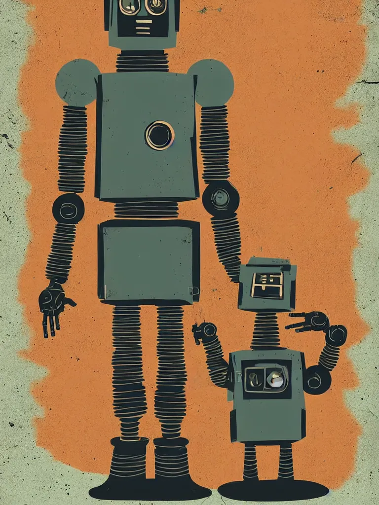 Prompt: tierra connor style poster illustration of a sad retro science fiction robot in a city neighbourhood, vintage muted colors, some grungy markings