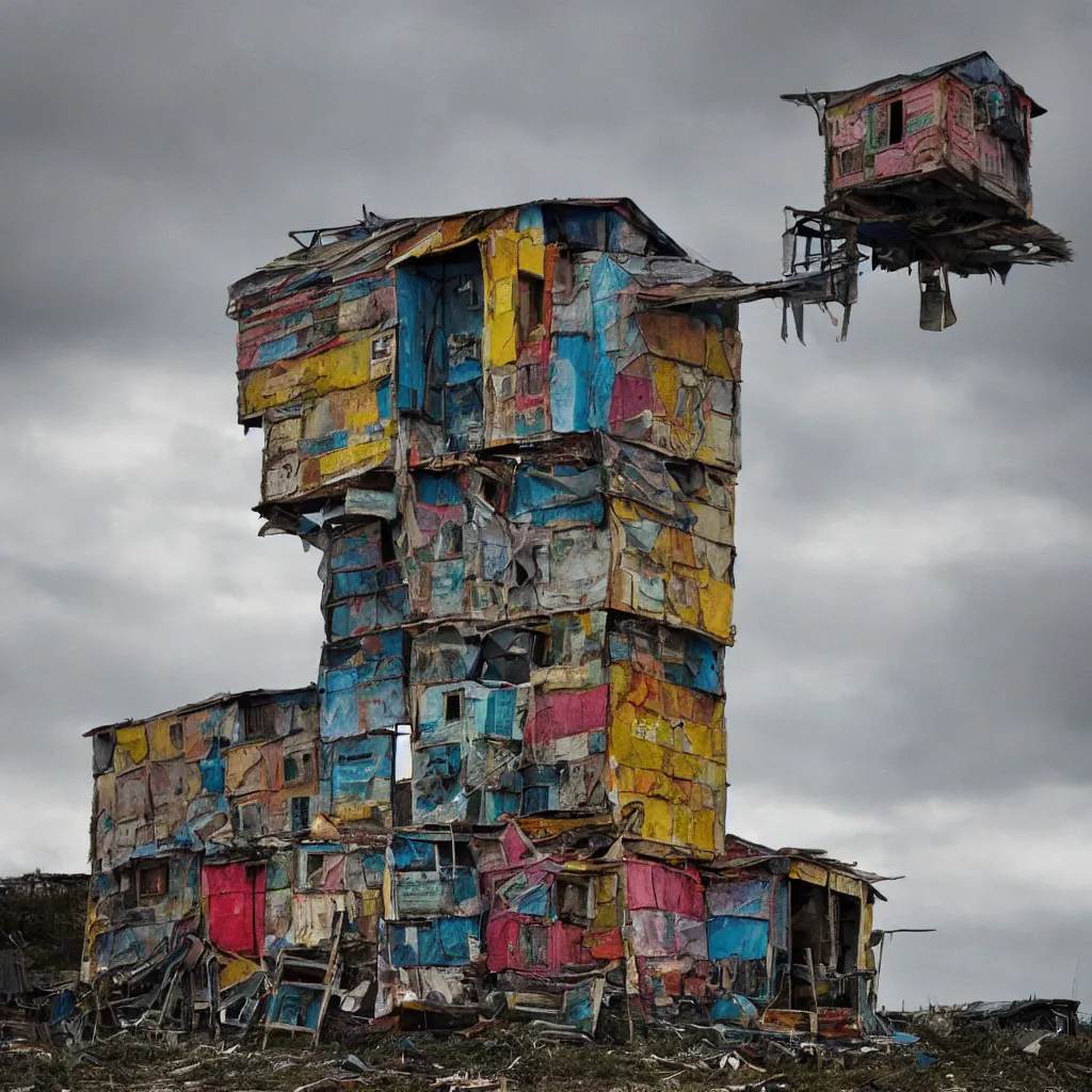 Image similar to close - up view of a tower made up of colourful makeshift squatter shacks with bleached colours, moody cloudy sky, dystopia, mamiya, fully frontal view, very detailed, photographed by bruno barbey