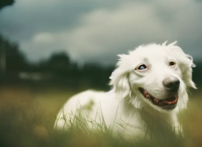 Prompt: a portrait of beautiful white flower with a face of funny white dog, grey skies, dusk, neutral color, starry night flashlight 1 9 9 0 a documentary realistic reportage photo photo, 8 k, cinestill, bokeh, soft focus, grain gelios lens, grain kodak, reportage