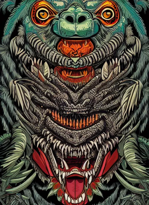 Image similar to barong family member, wiwek, mara demon, one single tribe member, jungle, one single mask, dark, ancient warrior mask, gorilla mask, lizard tongue, tribals, art by dan mumford