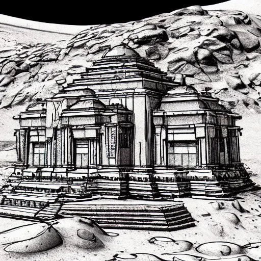 Image similar to a sketch of an Hindu temple on Mars in the style of da Vinci