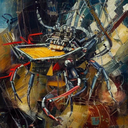 Image similar to robot crustacean, programming languages, oil on canvas by greg rutkowski and roberto matta