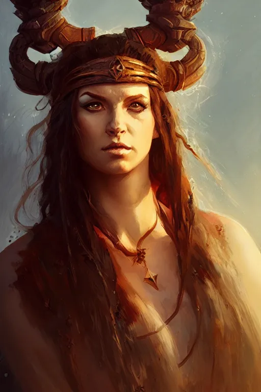 Image similar to head and shoulders portrait of a barbarian, female, high fantasy, dnd, nuri iyem, james gurney, james jean, greg rutkowski, anato finnstark