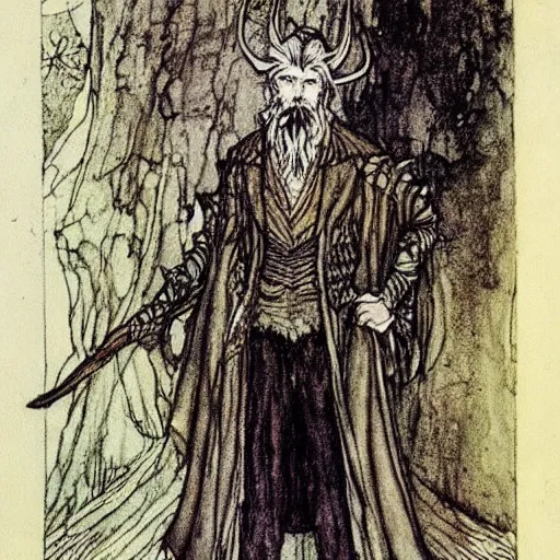 Prompt: A handsome Horned Lord of the Fae with blond hair and beard wearing an exquisite suit, color illustration by Arthur Rackham