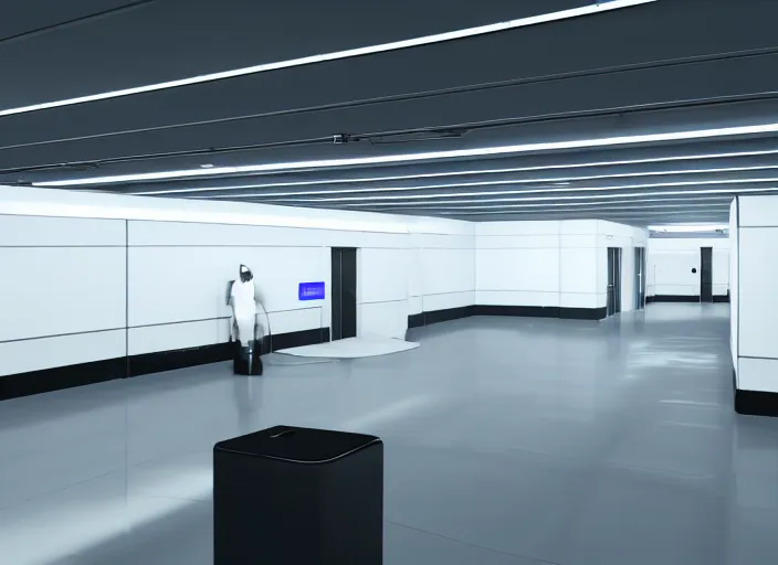 Image similar to cctv footage of a large white empty breakroom with a security checkpoint, retrofuturist liminal space, familiar place, clean, black mold, amateur, unreal engine, photorealistic, trending on artstation