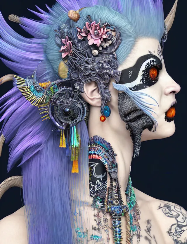 Image similar to 3 d photo realistic goddess close - up profile portrait punk with mohawk with ram skull. beautiful intricately detailed japanese crow kitsune mask and clasical japanese kimono. betta fish, jellyfish phoenix, bio luminescent, plasma, ice, water, wind, creature, artwork by tooth wu and wlop and beeple and greg rutkowski