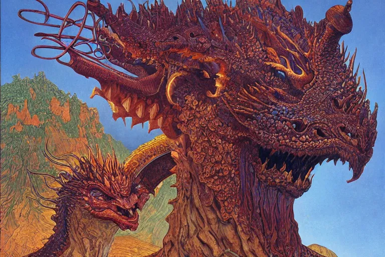 Image similar to oil painting, super - detailed scene of two headed dragon where one head is donald trump and the other is vladimir putin, japanese sci - fi books art, artwork by jean giraud and zdzislaw beksinski and alphonse mucha and hr giger, hd, 4 k, high quality