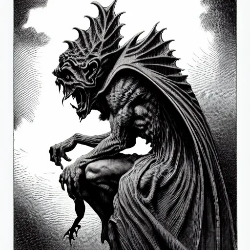 Prompt: portrait soft light, by bernie wrightson and joe fenton, inspired by gothic victorian gargoyle, etching, fine, sharp high detail, duotone screen print,