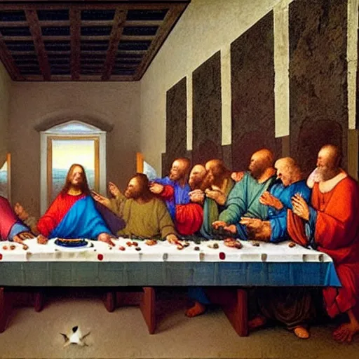 Prompt: a futuristic holographic art piece of The Last Supper by Leonardo da Vinci