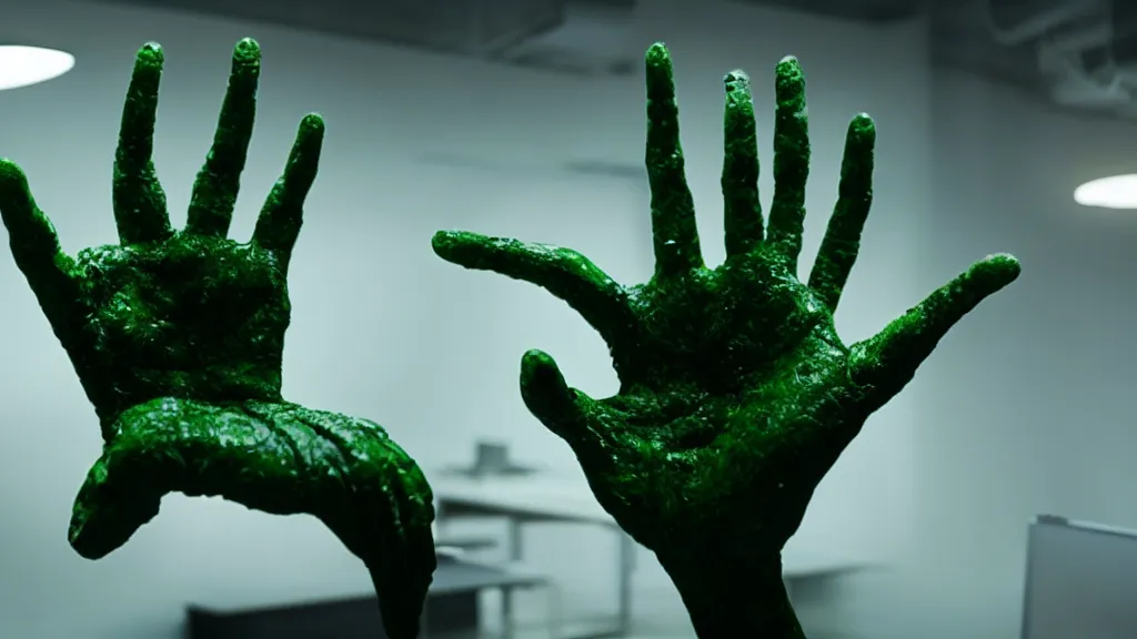 Image similar to the strange giant creature hand in the office, made of Chlorophyll and water, film still from the movie directed by Denis Villeneuve with art direction by Salvador Dalí