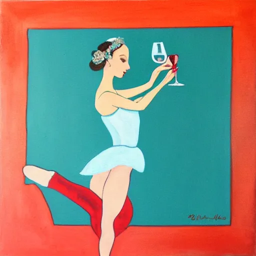 Prompt: square painting of a ballerina drinking wine in a teal room all on a red background